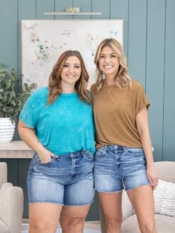 Mica Denim Super High Raw Hem Mid Length Shorts | S-3X