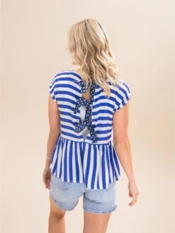 Drop Shoulder Woven Striped Top With Contrast Back Bow Tie | S-L Americana -Discount Divas Shop 0177d57d92c94bd5dbbfd14fa1604b5f