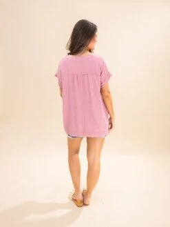 Zenana Gauze Raw Edge Short Sleeve V Neck Babydoll Shirt | S-3X -Discount Divas Shop 02960742e254c5d4cca059e7d996917f