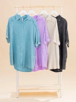 Zenana Washed Double Gauze Button Down Shirt Dress | S-L