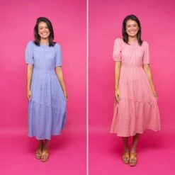 Short Puff Sleeve Textured Woven Midi Dress | S - L