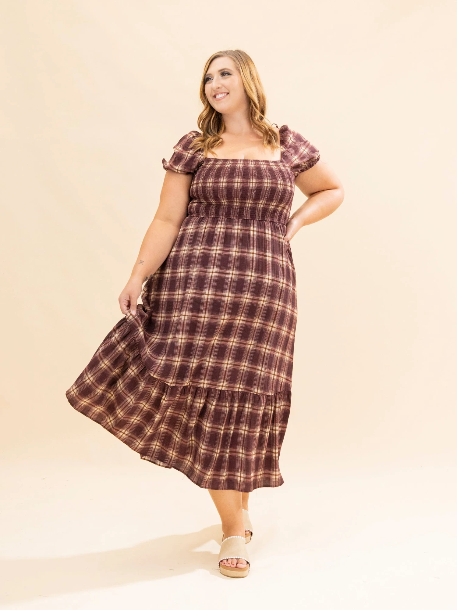 Plaid Smocked Puff Sleeve Ruffle Hem Midi Dress | S-L 4 Plaid Smocked Puff Sleeve Ruffle Hem Midi Dress | S-L - Image 4