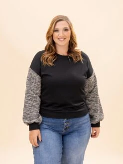 Solid Sweatshirt W/Long Tweed Sleeves | S-L -Discount Divas Shop 0755d3e6da593393af4731ca32d8765f