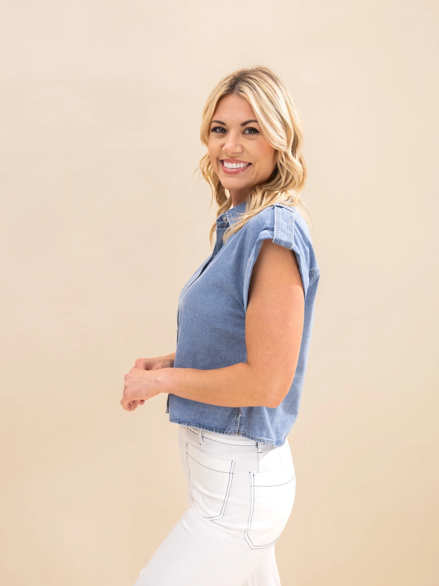 Denim Pinup Folded Cap Sleeve Shirt | S-XL 3 Denim Pinup Folded Cap Sleeve Shirt | S-XL - Image 3