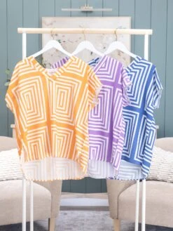 Abstract Print Drop Shoulder V Neck Top | S-3XL