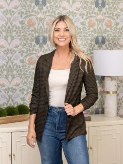 Plaid Ruched 3/4 Sleeve Collard Blazer | S-L