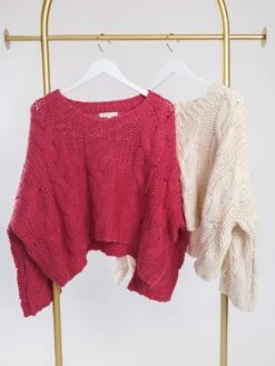 Long Sleeve V Neck Chunky Knit Cropped Sweater | S-L