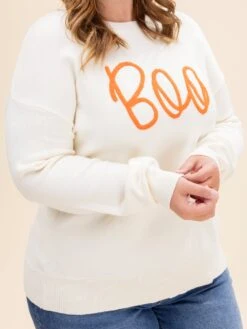 Boo PatternRibbed Edge Drop Shoulder Sweater | S-2XL Halloween -Discount Divas Shop 0a1a680fa2e325d69aeede0e232c8b8c