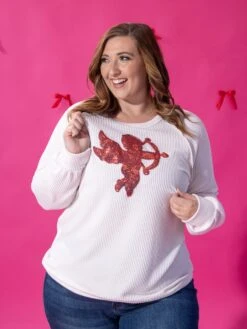 Long Sleeve Top W/ Cupid Sequins | S-3X -Discount Divas Shop 0a22b6f7256561207fcee61a8f20e87a