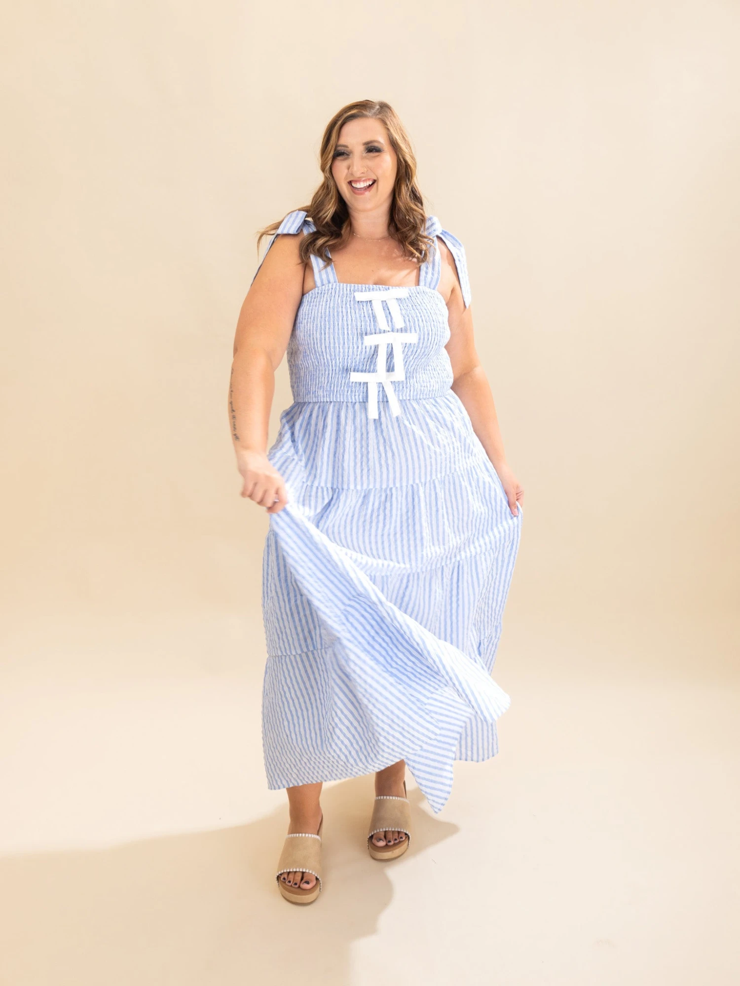 Striped Sleeveless Tiered Midi Dress W/ Front Ribbon | S-3XL 2 Striped Sleeveless Tiered Midi Dress W/ Front Ribbon | S-3XL - Image 2
