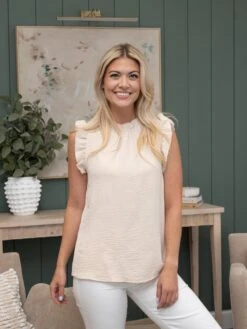 Ruffled Sleeve Woven Top With Stand Collar | S - L