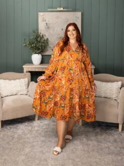 Floral Print Woven Long Sleeve Midi Dress W/ Pockets | S - 3X