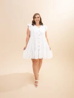 Textured Floral Button Tiered Short Dress | S-3XL