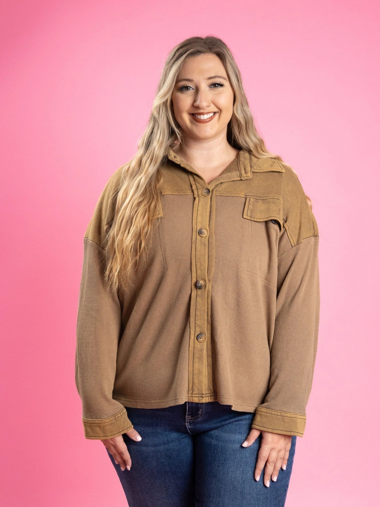 Mineral Washed Thermal Mixed Button Down Collared Shacket | S - 3XL 2 Mineral Washed Thermal Mixed Button Down Collared Shacket | S - 3XL - Image 2