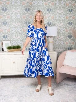 Leaf Pattern Square Neckline Baby Doll Short Sleeves Midi Dress | S-3X