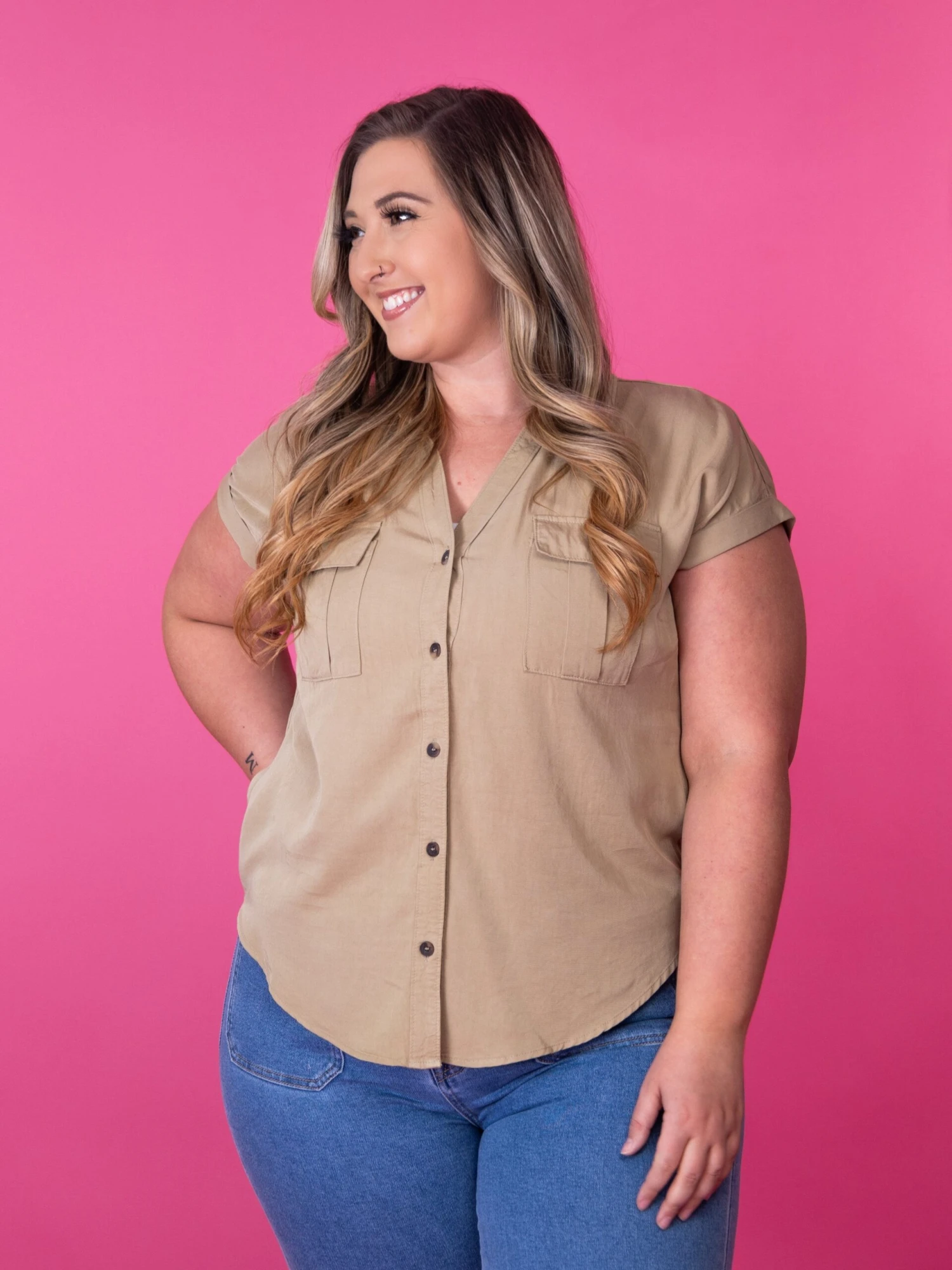 Zenana Tencel V Neck Collared Top W/ Front Flap Pocket | S-XL 3 Zenana Tencel V Neck Collared Top W/ Front Flap Pocket | S-XL - Image 3