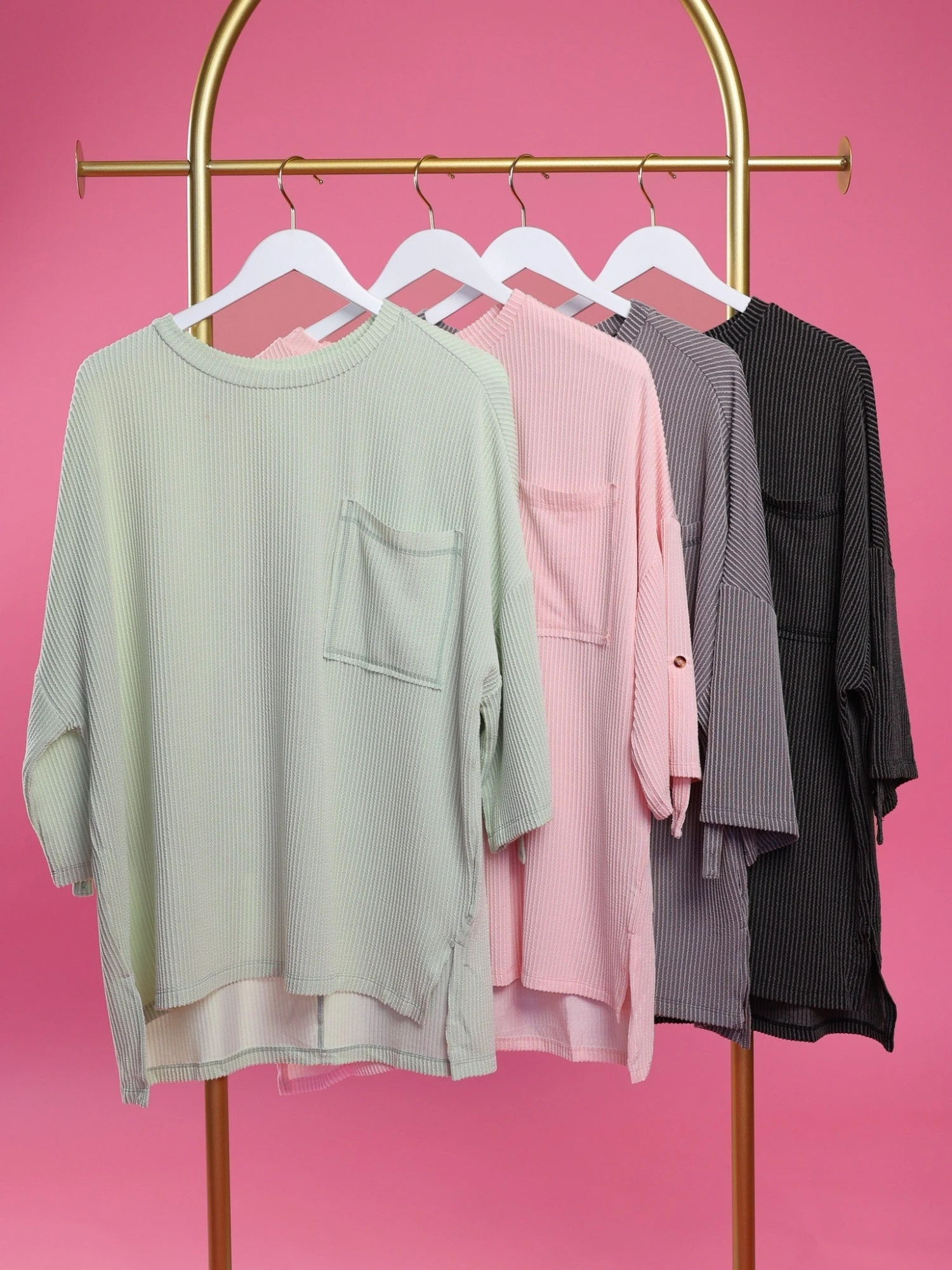 Roll Up Sleeves Round Neck Ribbed Oversized Top W/ Chest Pocket | S-2X 1 Roll Up Sleeves Round Neck Ribbed Oversized Top W/ Chest Pocket | S-2X