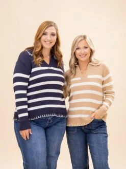 STACCATO Long Sleeve Blanket Stitch Collar Striped Sweater | S-XL