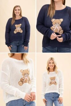 Teddy Bear Graphic Open Knit Sweater | S-L