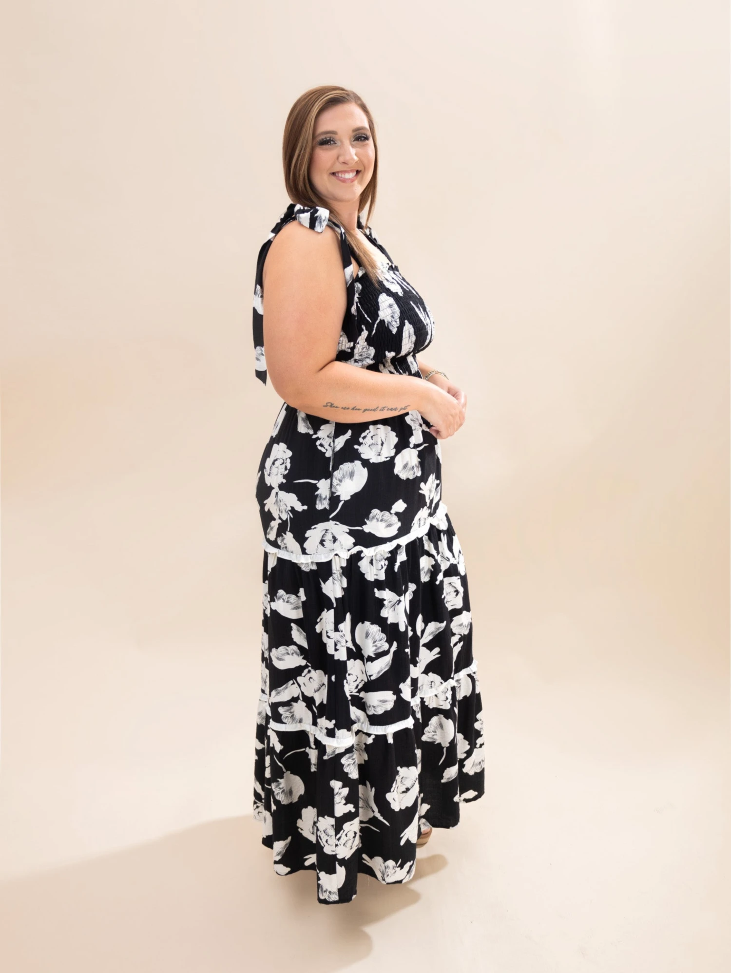 Woven Print Smocking Tiered Maxi Dress W/ Shoulder Tie & Side Pocket | S-2XL 3 Woven Print Smocking Tiered Maxi Dress W/ Shoulder Tie & Side Pocket | S-2XL - Image 3