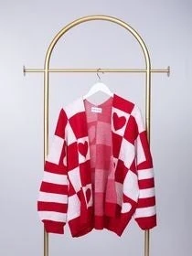 Heart Colorblocked Open Front Knitted Cardigan | S - 3X