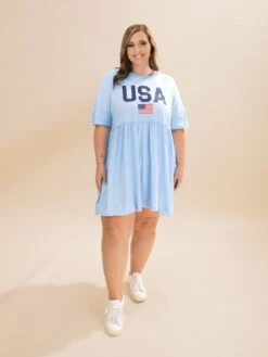 USA Flag Print Short Sleeve High Waist Baby Doll Dress | S-XL Americana