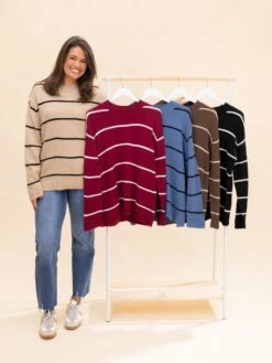 Zenana Round Neck Long Sleeve Stripe Sweater | S-L