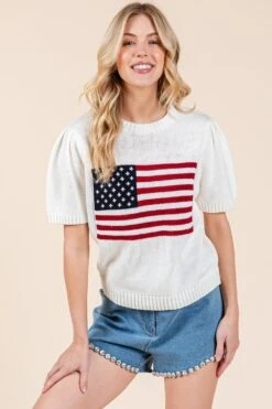 American Flag Short Sleeve Knit Top | S - 3XL GeeGee