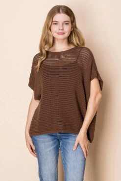 Short Sleeve Round Neck Open Knit Top | S-3X White Birch