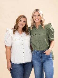 Ruffled Gathered Sleeve Linen Button Up Shirt Top | S-L Summer Concert