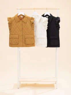 Ruffled Cap Sleeve Tiny Bow Embroidered Quilted Front Snap Vest W/ Pockets | S-L