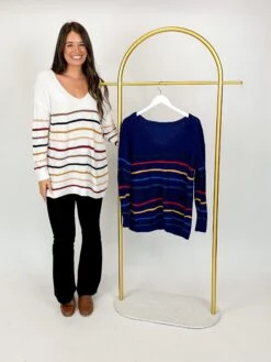Striped Relaxed Fit Knit Long Sleeve V Neck Sweater | S-2X
