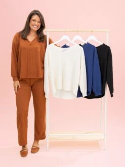 Golden Rib V Neck Long Sleeve Top By DD Design | S-3XL Pair W/ Sku64075