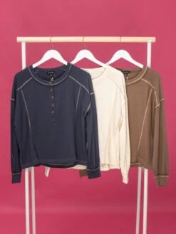 Contrast Stitch Long Sleeve Henley Top | S - 3X