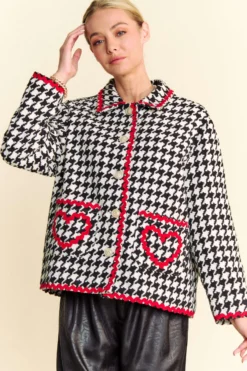 Houndstooth Print With Zig Zag Trim Button Front Jacket | S - L Davi & Dani