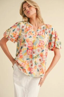 Floral Print Short Balloon Sleeve Top | S-L Jodifl