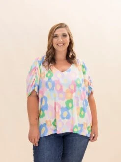Textured Floral Print V Neck Top | S-L