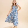 Floral U Neck Flutter Shoulder Tiered Flowy Midi Dress | S-XL