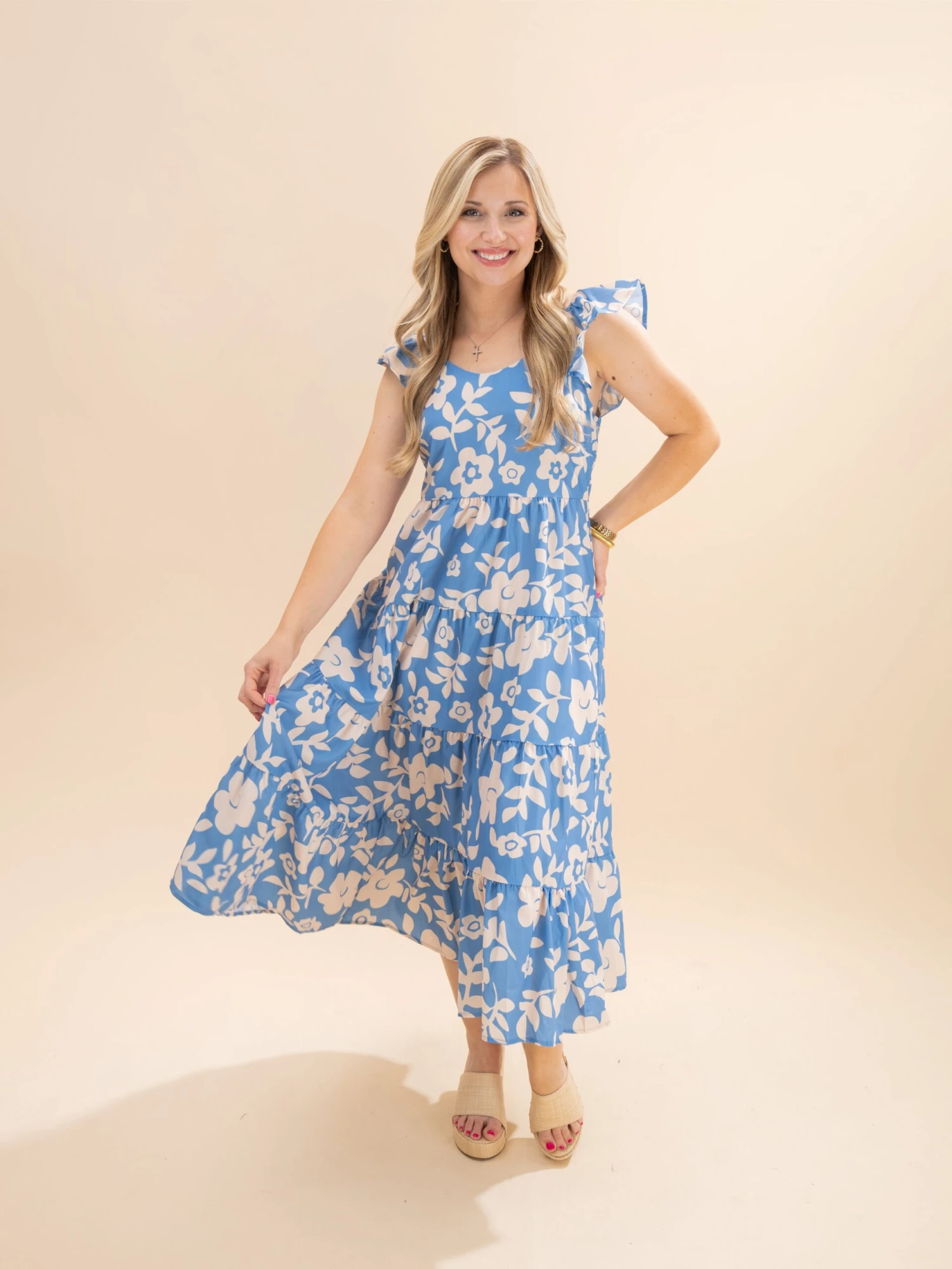 Floral U Neck Flutter Shoulder Tiered Flowy Midi Dress | S-XL 1 Floral U Neck Flutter Shoulder Tiered Flowy Midi Dress | S-XL