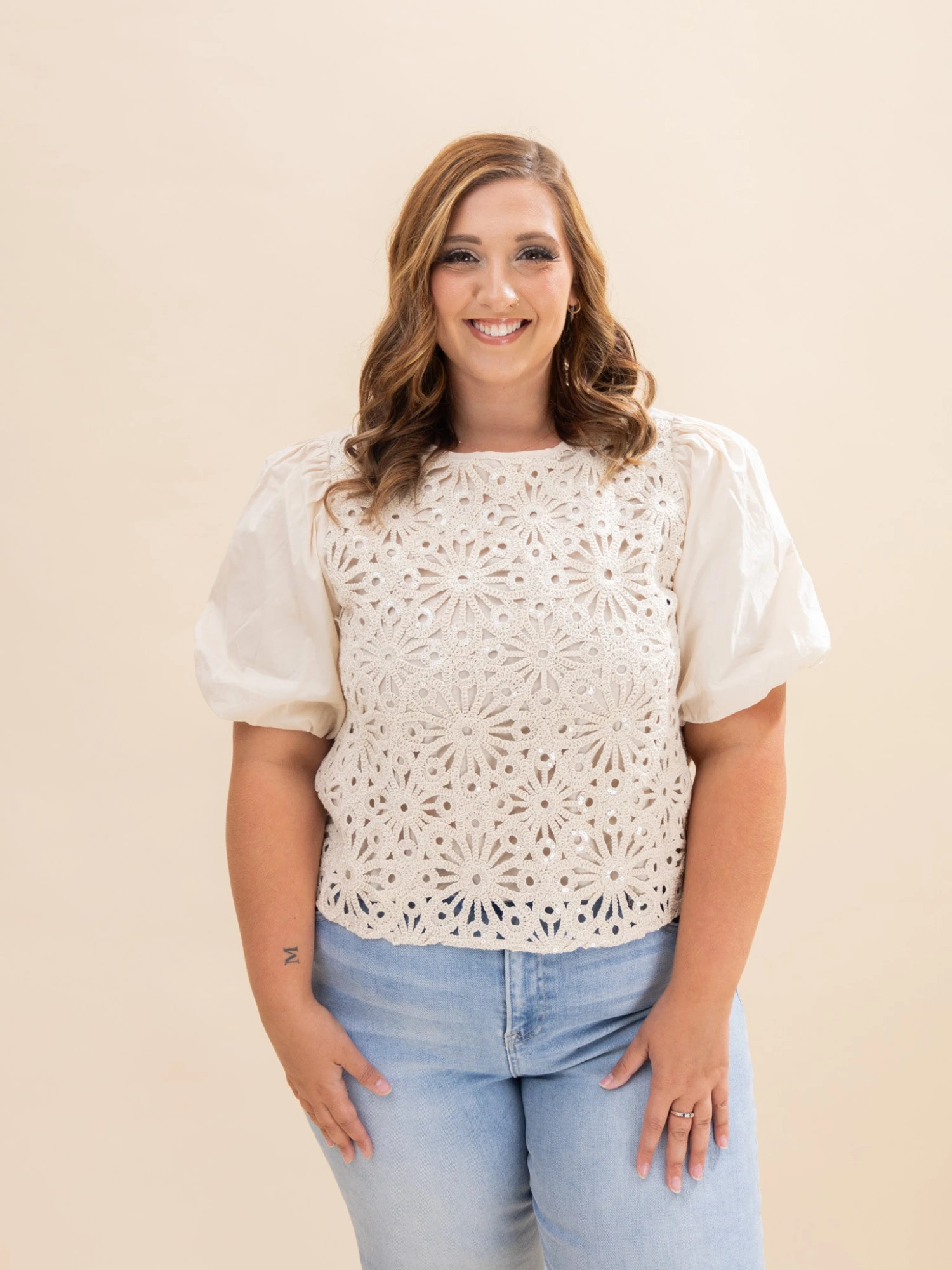 Sequin Crochet Bodice Woven Blouse | S-XL 2 Sequin Crochet Bodice Woven Blouse | S-XL - Image 2