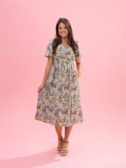 Floral V Neck Short Puff Sleeve Midi Dress | S-XL