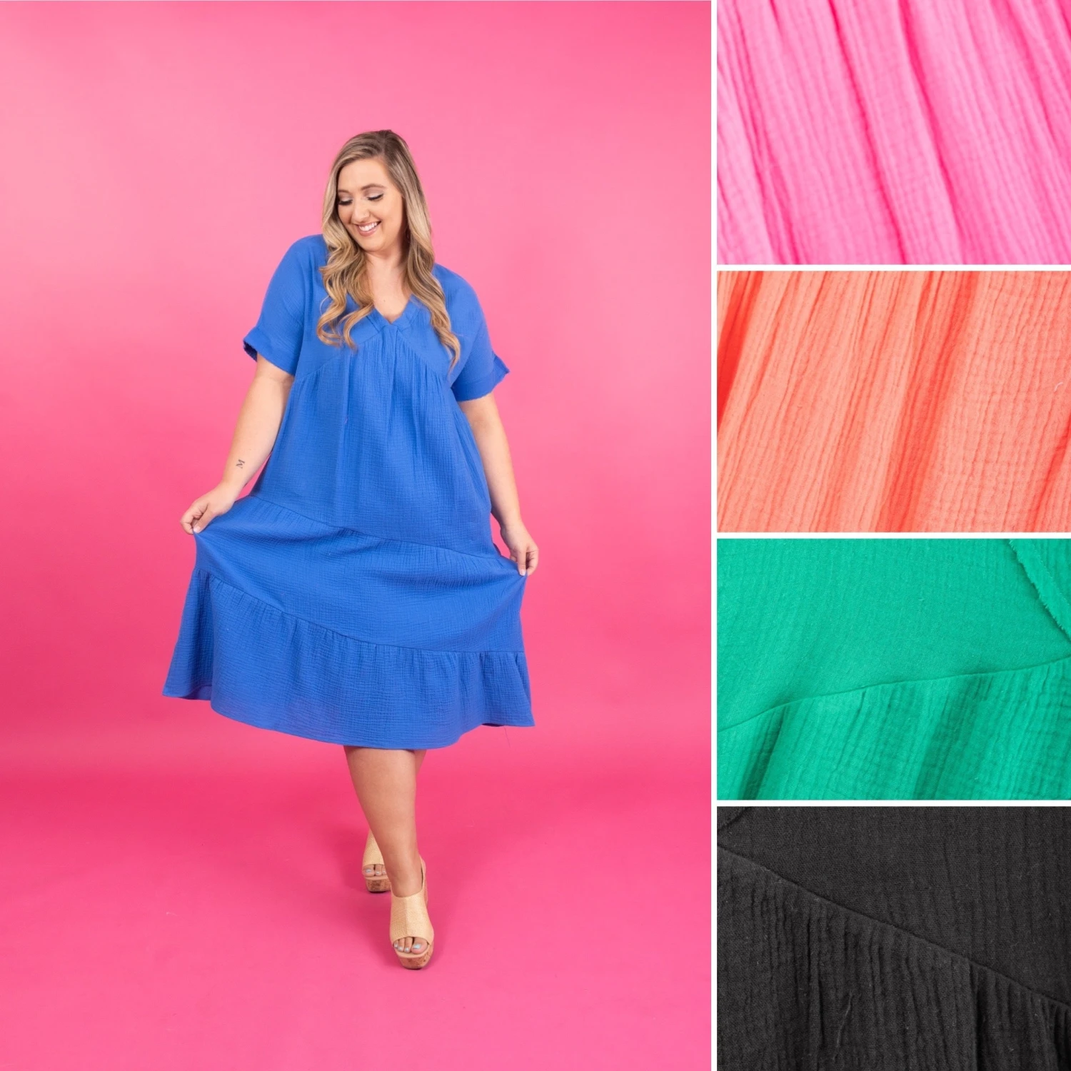 Short Sleeve Frayed Detail Soft Crinkle Gauze Midi Dress | S-3X 1 Short Sleeve Frayed Detail Soft Crinkle Gauze Midi Dress | S-3X