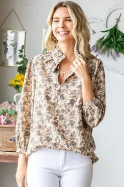 Floral Print Ruffled Neck Blouse | S - 3X