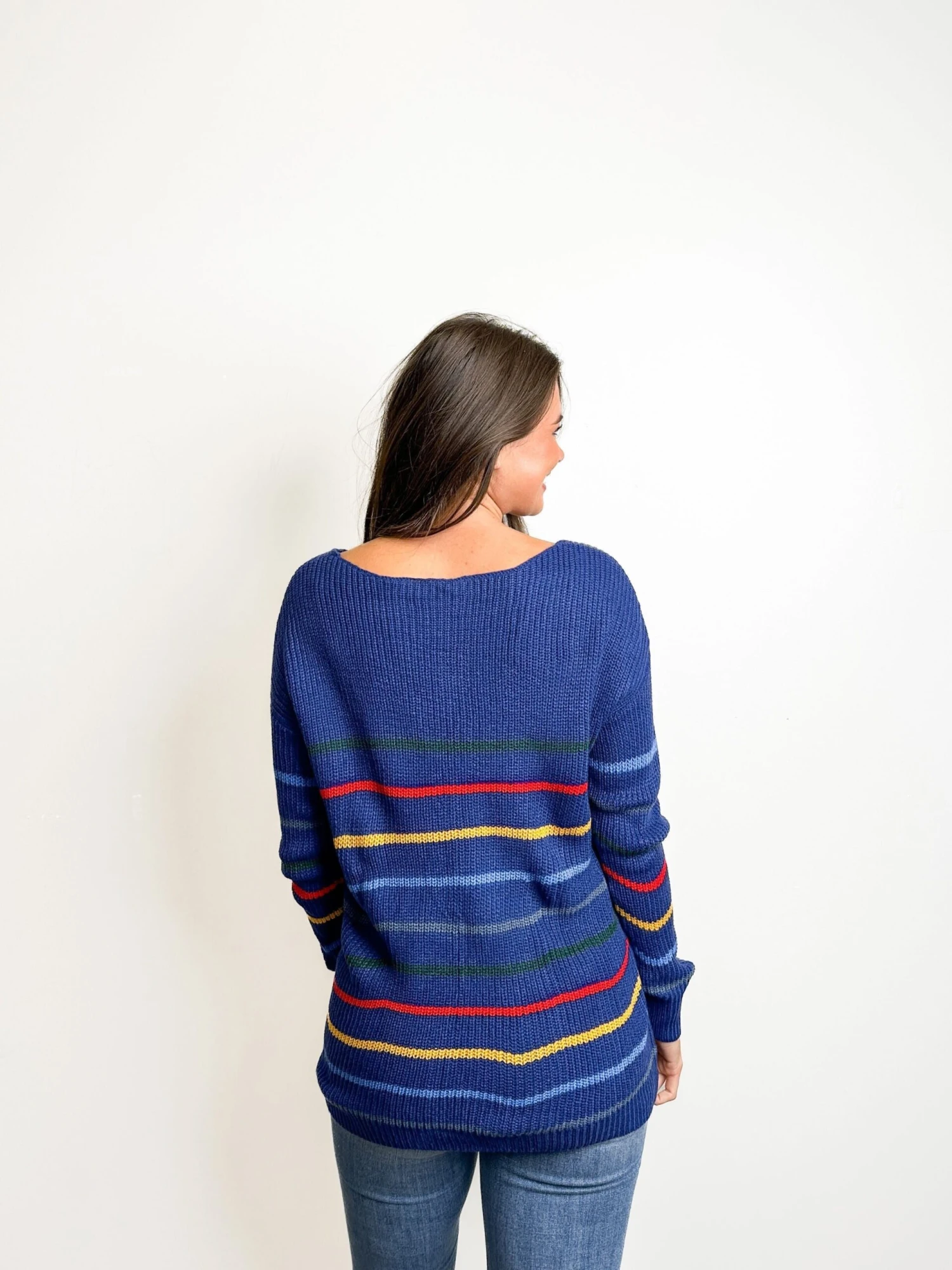 Striped Relaxed Fit Knit Long Sleeve V Neck Sweater | S-2X 4 Striped Relaxed Fit Knit Long Sleeve V Neck Sweater | S-2X - Image 4
