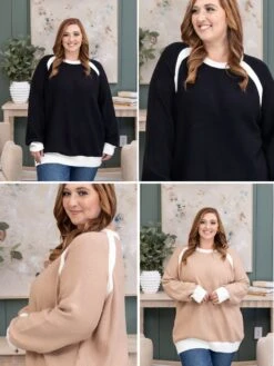 Color Contrast Round Neck Long Sleeve Knitted Sweater | S-3X