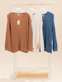 Long Sleeve V Neck Knit Sweater Tunic | S-L