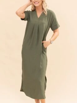 Airflow V Neck Placket W/ Front Pleat Maxi Dress W/ Pockets | S-3X -Discount Divas Shop 23e47939cca1077f9360a348d6f05998