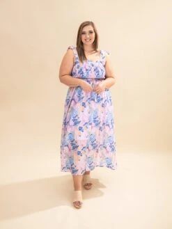 Floral Print Smocked Bodice Midi Dress With Tie Straps | S-3XL