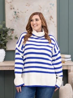 Striped Turtleneck Side Slit Knitted Sweater | S-3X