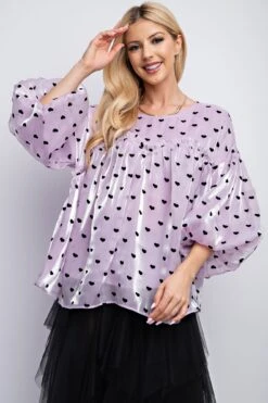 Puff Sleeve Heart Printed Organza Baby Doll Top | S-L Easel